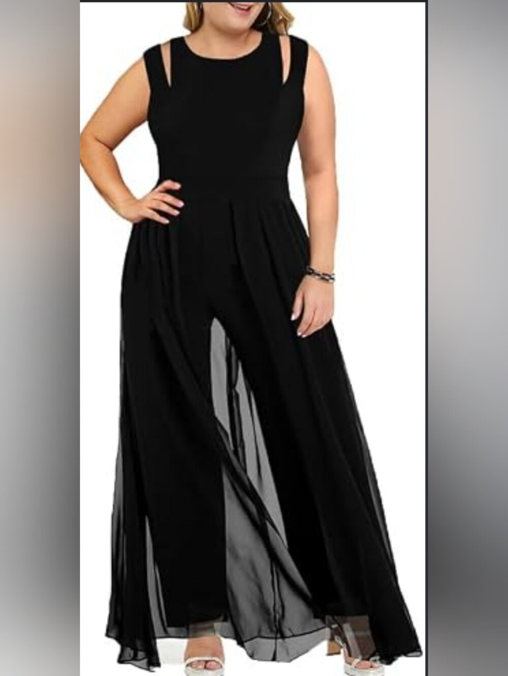 Plus Size Black Wide-Leg Chiffon Overlay Jumpsuit